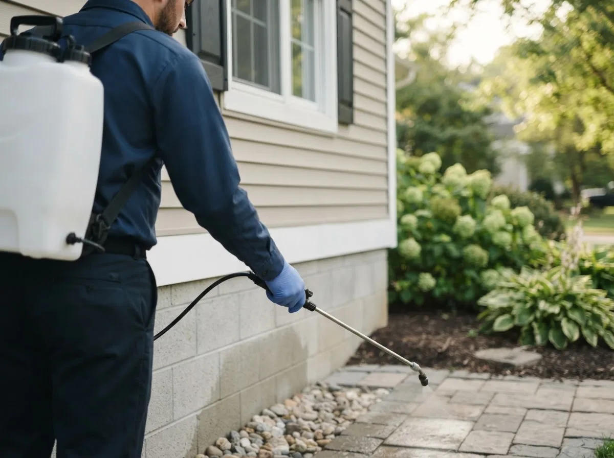 Pest control technician inspecting a home in Sutton, NE